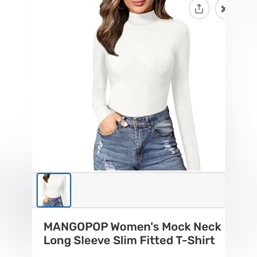 MangoPop Mock Neck Women's Slim Fitted  White Long Sleeve Top